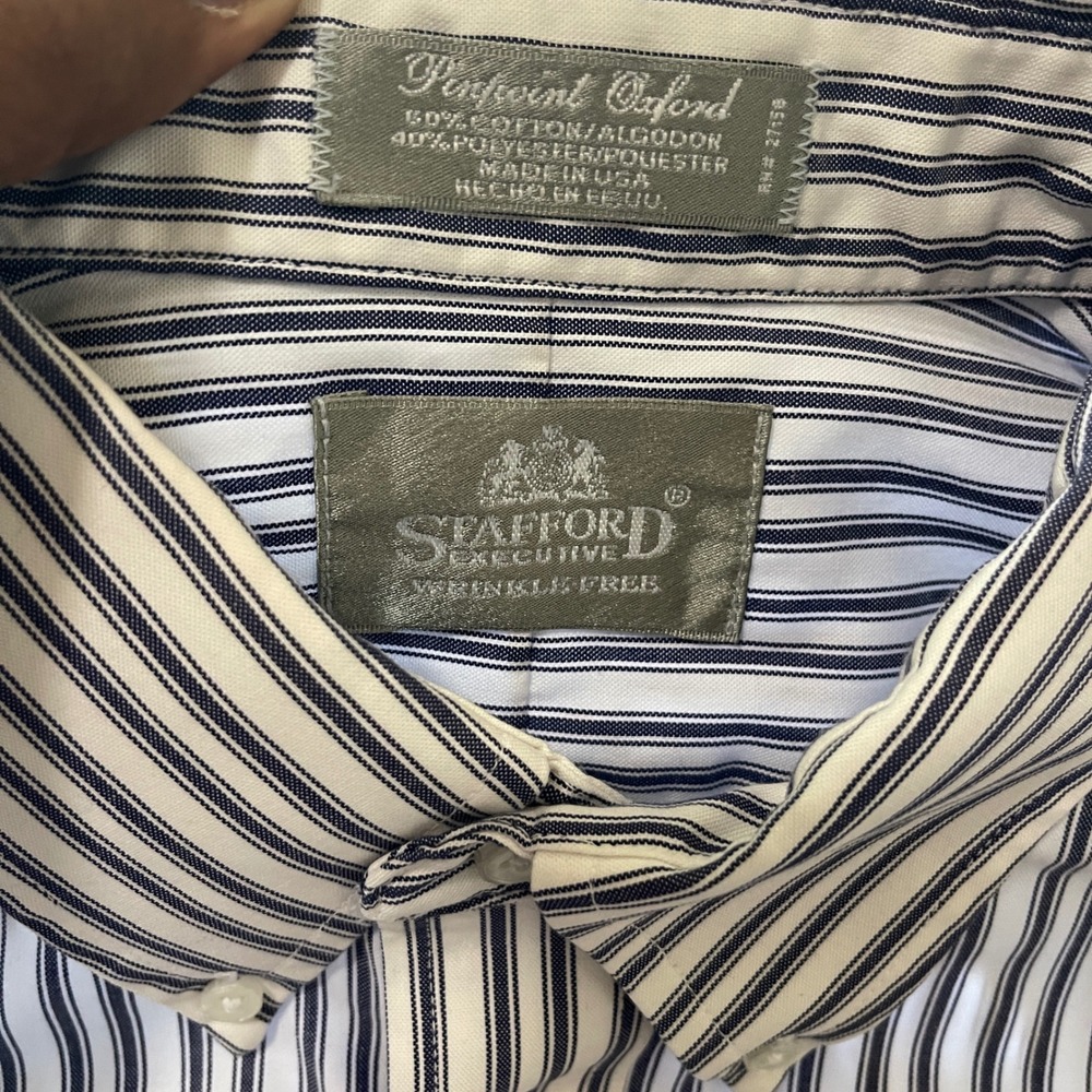 Stafford Executive Mens Short Sleeve Striped Pinpoint Oxford Shirt Blue White L - Picture 2 of 8